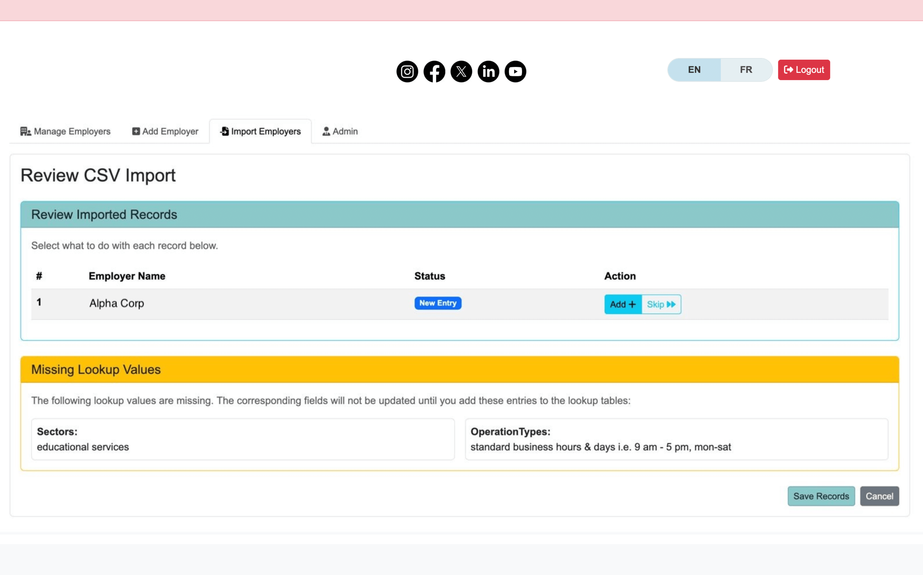 Admin portal interface for importing employer data via CSV