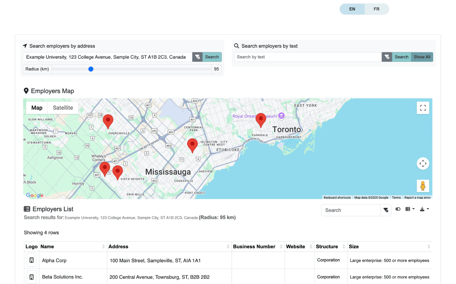 Public portal for employer search with map and results list