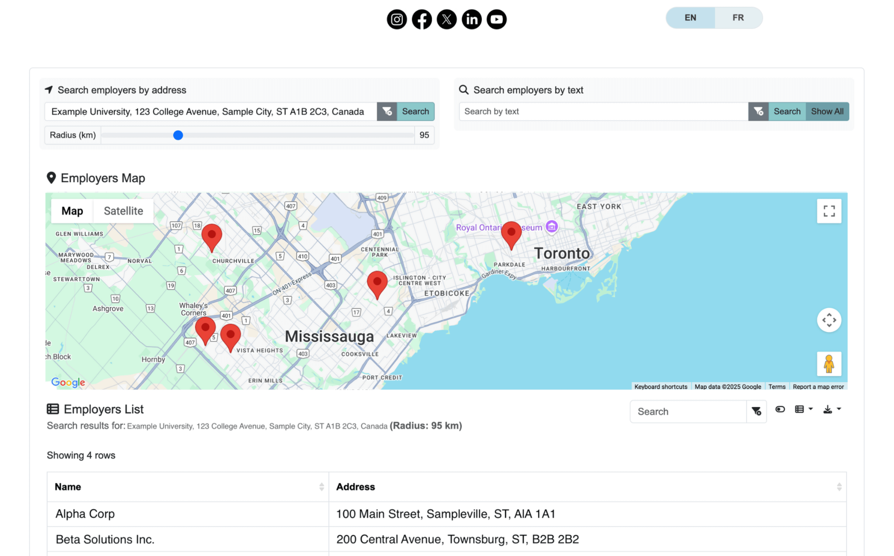 Public portal for employer search with map and results list