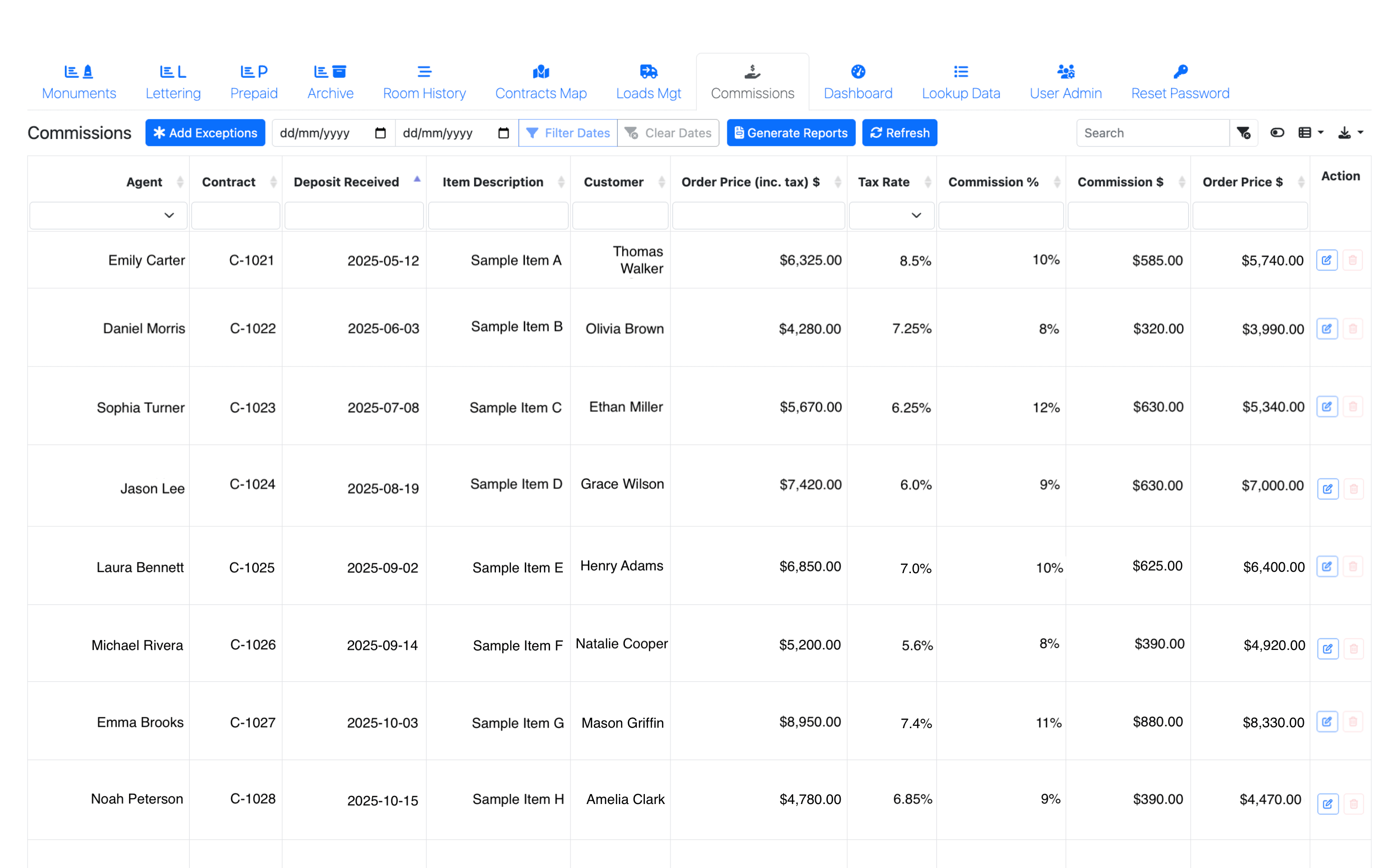 Commissions module dashboard showing agent commission records and reports