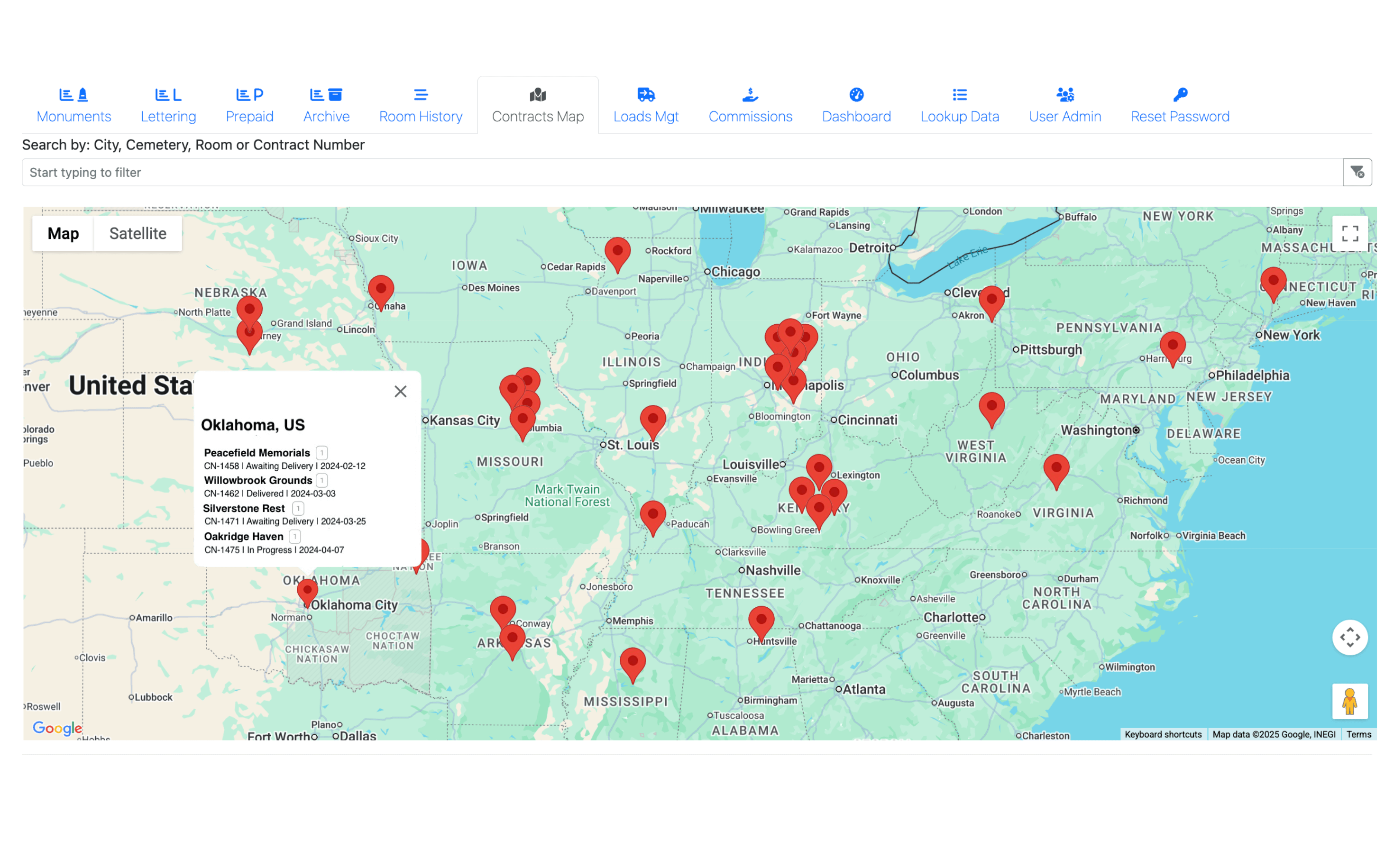 Contracts Map displaying geo-located contract sites and operational regions